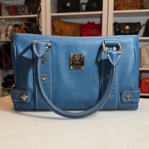 MCM Blue Leather Boston Bag Handbag with Silver Embellishments